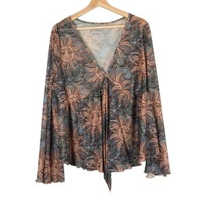 Shein Curve 1XL Mesh Celestial Sun Moon Paisley Tie Front Bell Sleeve Blouse Top